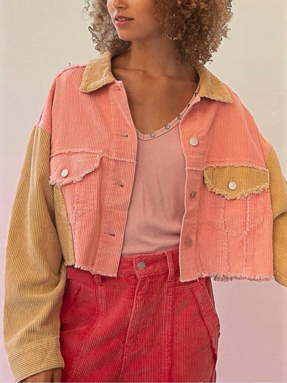 POL Women’s Corduroy Color Block Cropped Jacket In Tan/Peach Size Small